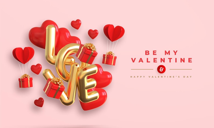 PSD bannière de bonne saint-valentin avec texte métallique or 3d