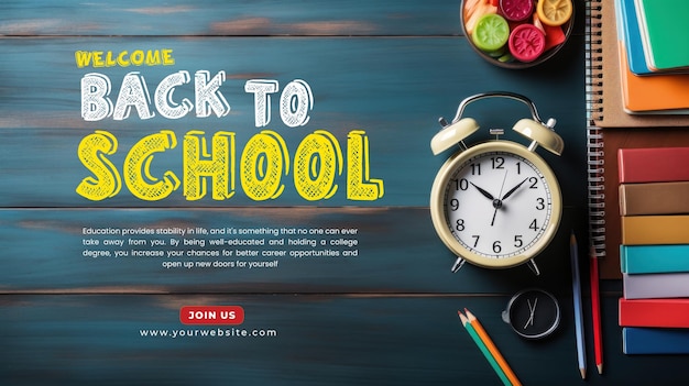 Bannière créative de retour à l'école Livres réveil pommes avec fournitures scolaires et éducatives