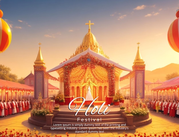 PSD bannière du festival de holi avec un temple en or