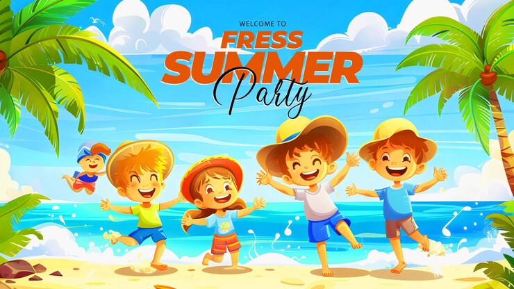 PSD la bannière du jour d'été pour les petits garçons et filles jouent sur la plage et apprécient la journée d'été