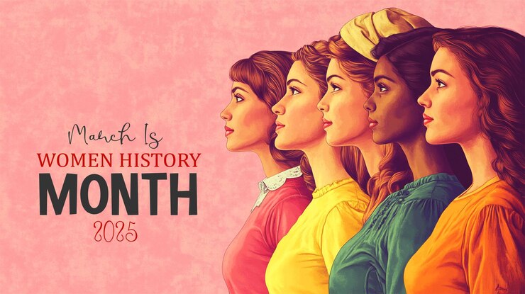 Bannière du mois de l'histoire des femmes avec un motif de mouvement d'autonomisation des femmes