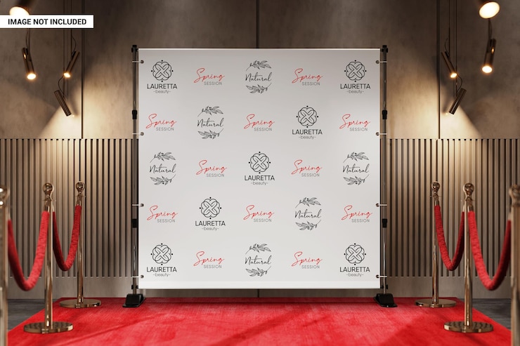 PSD bannière sur fond carré avec maquette de tapis rouge