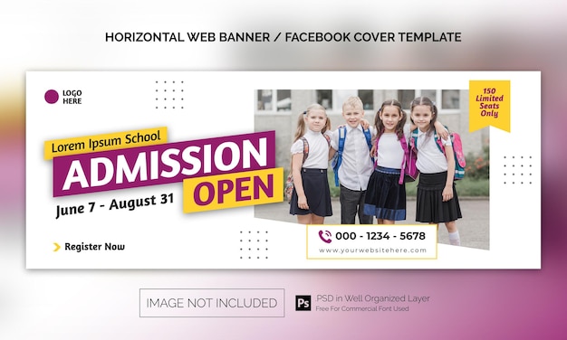 Bannière horizontale d'admission à l'école minimale simple ou modèle de publicité de couverture Facebook