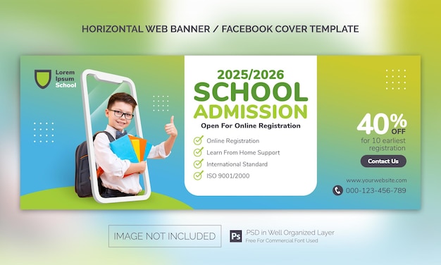 Bannière horizontale d'admission de retour à l'école ou modèle de publicité de couverture Facebook