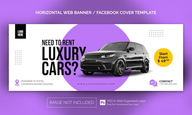 PSD bannière horizontale de vente de location de voiture ou modèle de publicité de couverture facebook