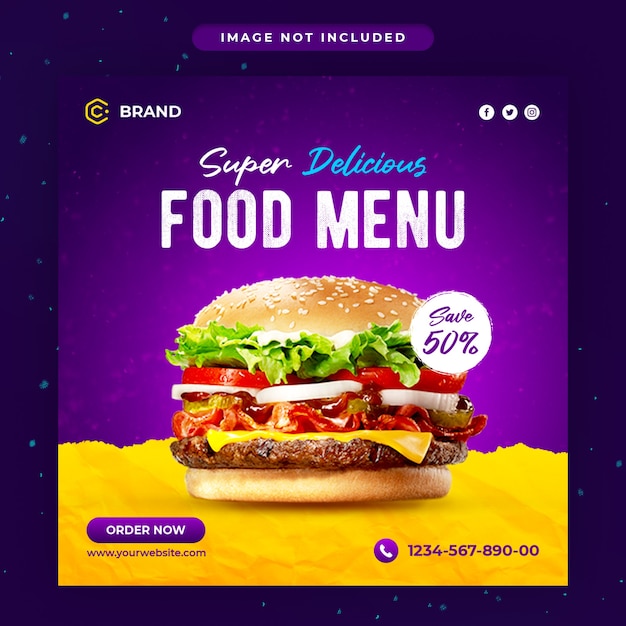 Bannière Instagram De Nourriture Promotionnelle De Hamburger Super Délicieux Ou Modèle De Publication Sur Les Médias Sociaux