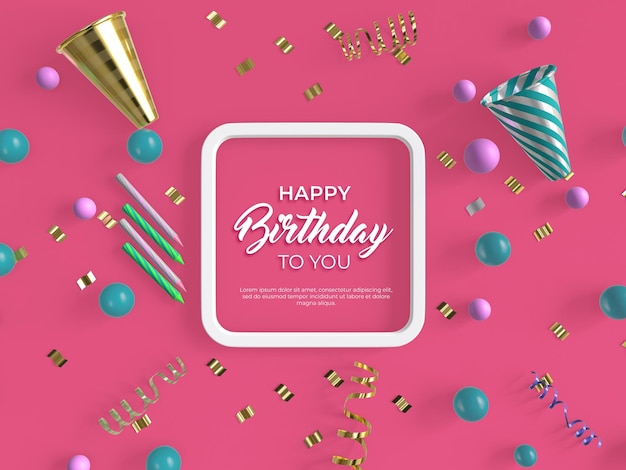 Bannière de joyeux anniversaire 3d avec modèle de décoration de confettis et de ballons