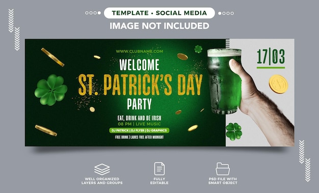 PSD bannière de médias sociaux bienvenue à la fête de la saint-patrick