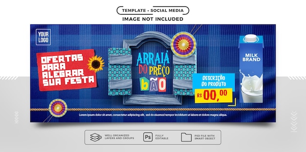 PSD bannière de médias sociaux festa junina pour la vente de produits proposés au brésil