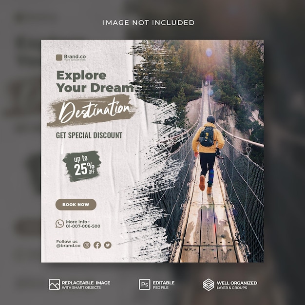 PSD bannière de médias sociaux de voyage et modèle de publication instagram psd premium