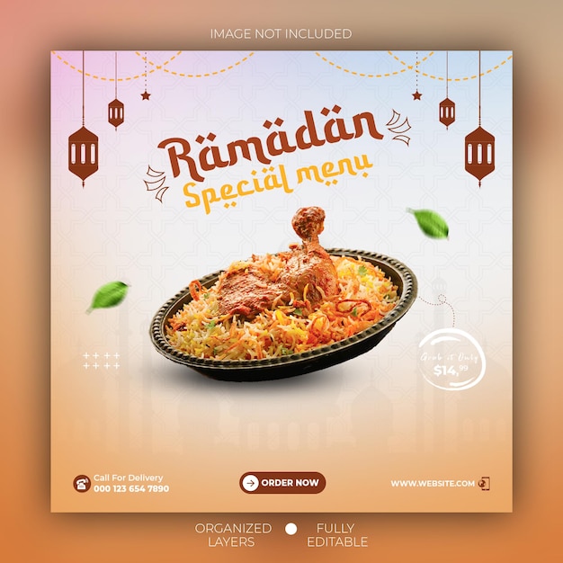 Bannière de menu de plats spéciaux du ramadan et modèle de publication sur les réseaux sociaux Instagram