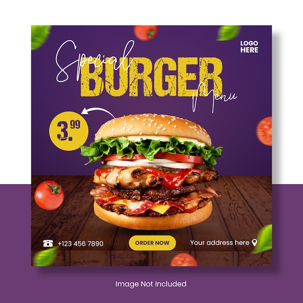 PSD bannière de modèle de publication de menu burger instagram