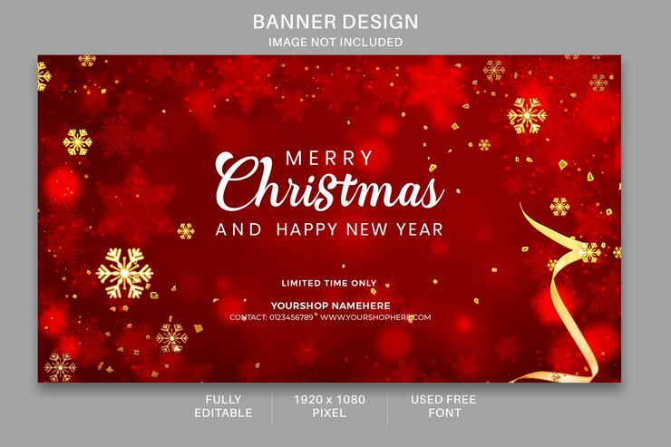 Bannière de Noël dans la neige rouge étoiles conception de médias sociaux pour la fête du nouvel an