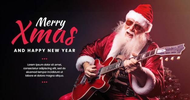 PSD bannière de noël avec un rocker cool père noël jouant de la guitare électrique sur fond noir