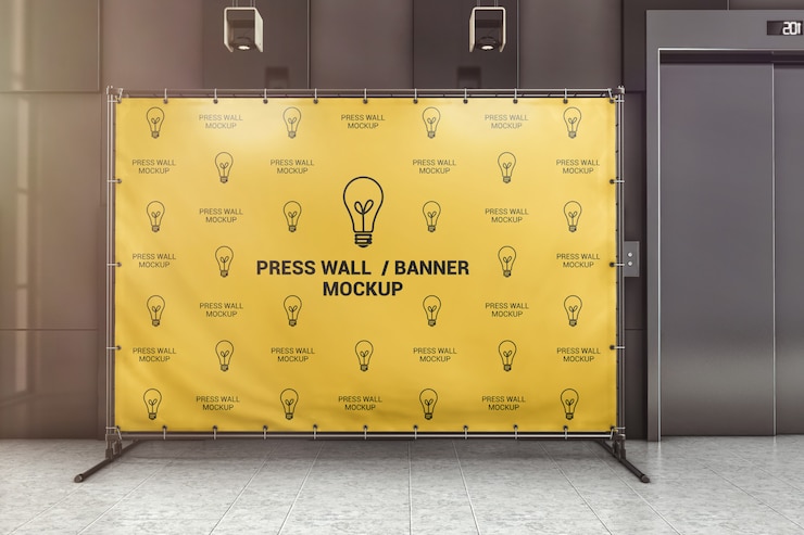 PSD bannière de presse dans la maquette du hall d'entrée du bureau