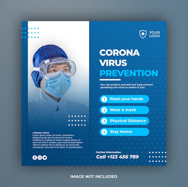 Bannière de prévention des coronavirus ou flyer carré pour le modèle de publication sur les médias sociaux