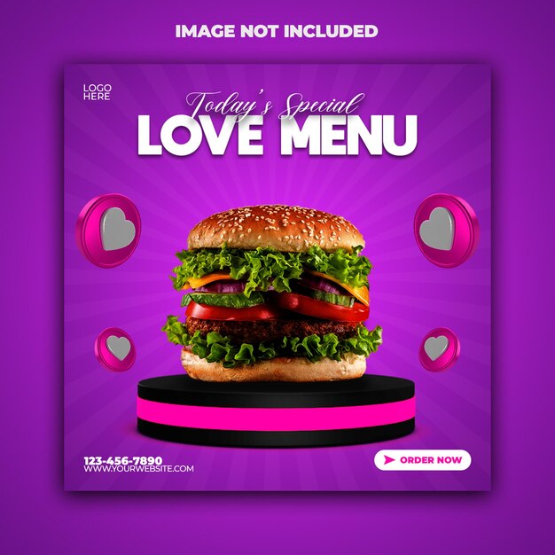 Bannière de publication de médias sociaux de promotion de nourriture de burger de menu d'amour spécial