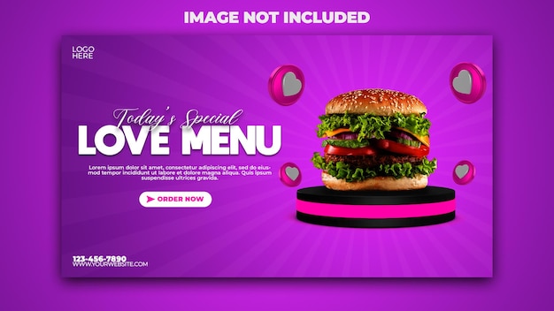 Bannière de publication de médias sociaux de promotion de nourriture de burger de menu d'amour spécial