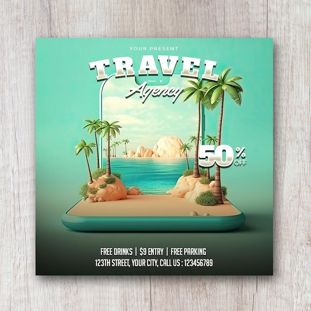 Bannière de publication sur les réseaux sociaux du flyer carré de l'agence de voyages