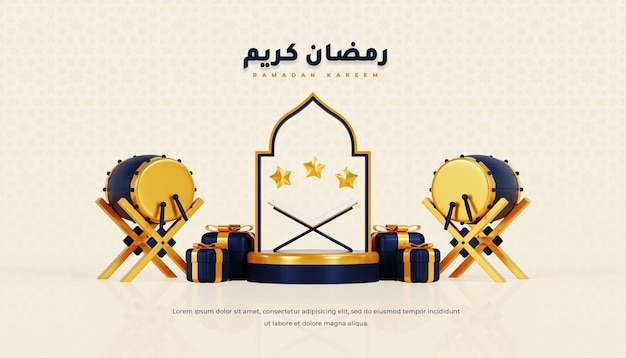 Bannière ramadan kareem salutation avec coran podium 3d et décoration islamique