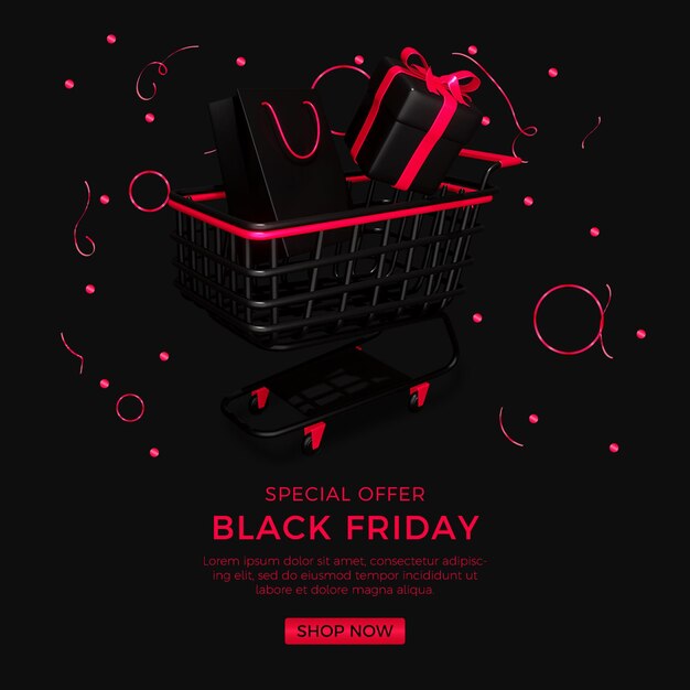 PSD bannière réaliste simple du black friday avec boîte-cadeau