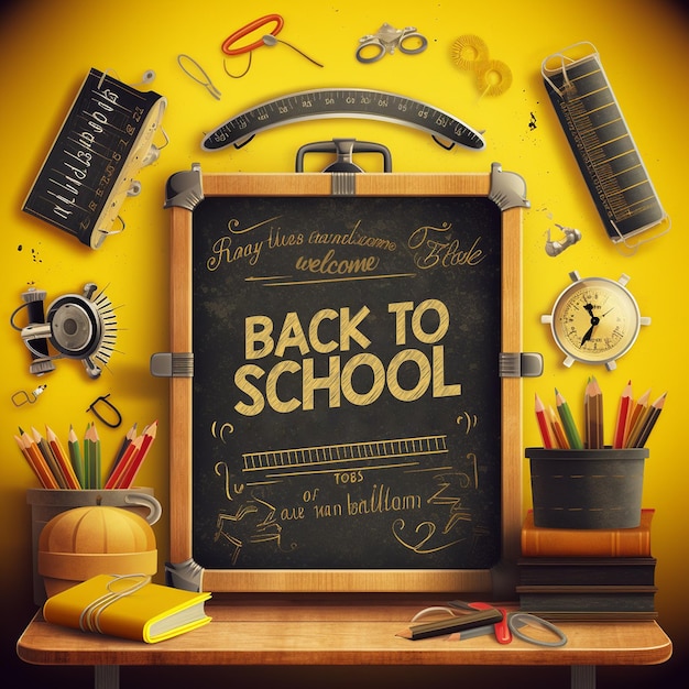 Bannière De Retour à L'école Avec Des Crayons Colorés Et D'autres éléments D'apprentissage Sur Des Griffonnages Dessinés à La Main