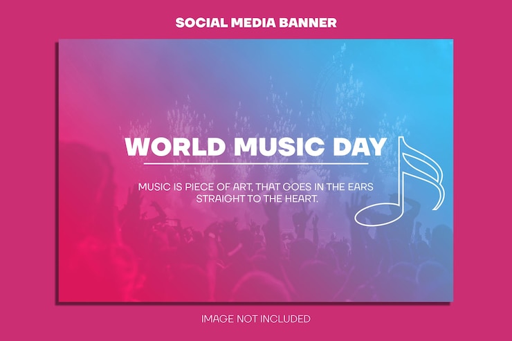 PSD une bannière rose et bleue de la journée mondiale de la musique avec une foule en arrière-plan.