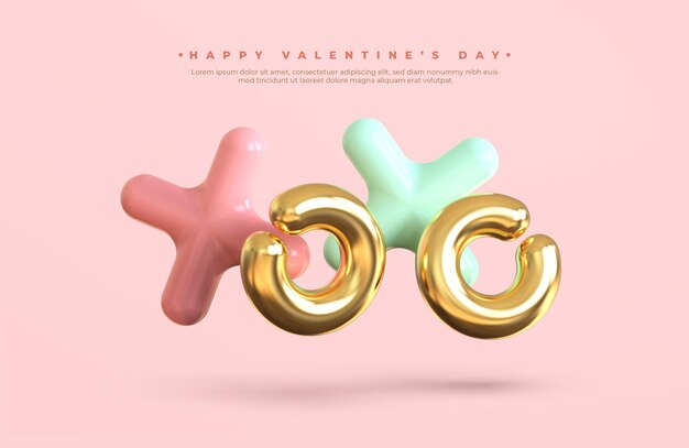 Bannière de la Saint-Valentin heureuse avec lettrage 3d du symbole xoxo