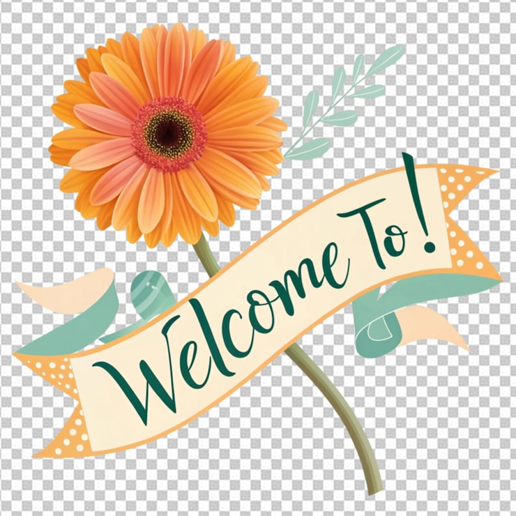 PSD bannière de salut avec une fleur de gerbera et un ruban