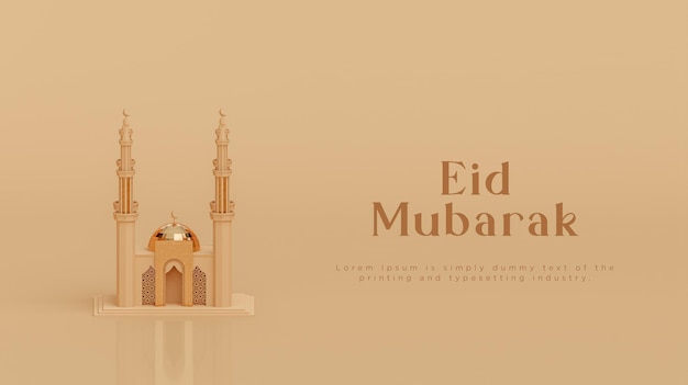 Bannière de salutations islamiques de la mosquée moderne Eid al fitr pour les médias sociaux fond or beige rendu 3d