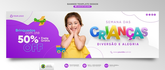 PSD bannière de la semaine des enfants en rendu 3d pour une campagne de marketing au brésil en portugais
