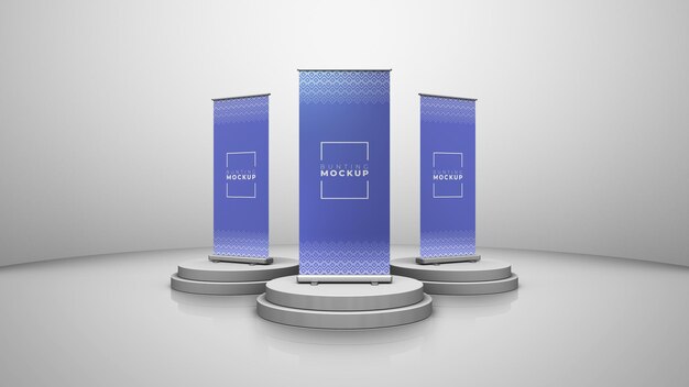 Bannière de support enroulable haute résolution 80cm x 180cm maquette PSD triple vue avec couches modifiables