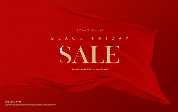 Bannière de vente Black Friday avec des rideaux de luxe en velours de soie rouge.