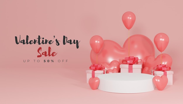 Bannière de vente Saint Valentin avec rendu 3d podium