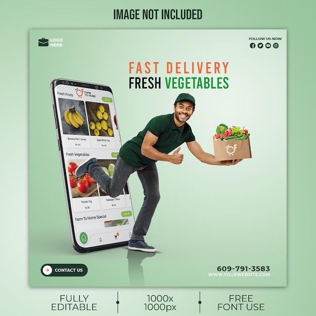 PSD bannière web de promotion de livraison de légumes et d'épicerie psd couverture facebook modèle instagram
