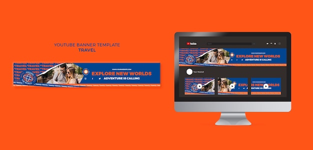 Bannière youtube d'aventure de voyage design plat
