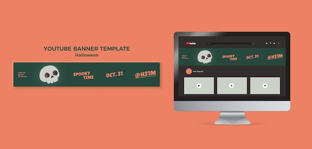 PSD bannière youtube de crâne d'halloween heureux