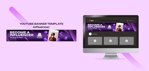 PSD bannière youtube d'emploi d'influenceur dégradé