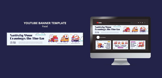 PSD bannière youtube de plats délicieux dessinés à la main
