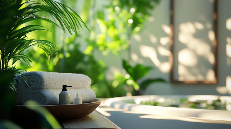PSD baño de spa con toallas enrolladas, loción y plantas.