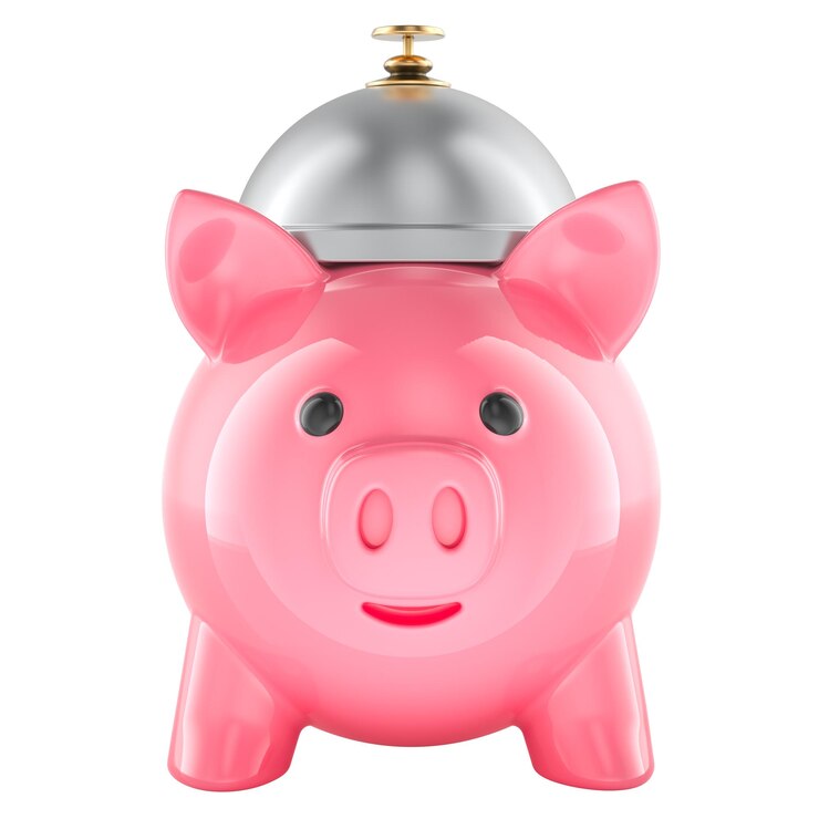 PSD banque de cochons en forme de cloche de service d'hospitalité épargne dans le concept de service de réservation ou de banque rendering 3d isolé sur un fond transparent