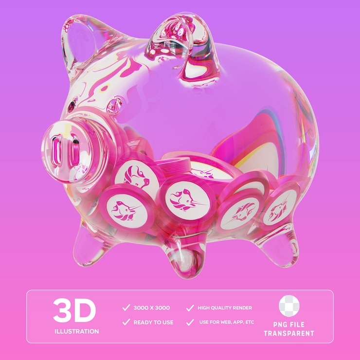 PSD banque de cochons en verre uniforme psd avec des piles décroissantes de pièces cryptographiques illustration 3d