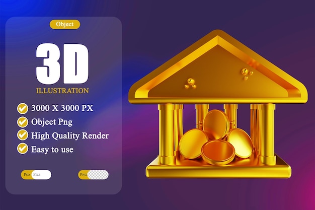 PSD banque générale d'or d'illustration 3d et pièce de monnaie 3