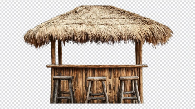 PSD bar ao ar livre rústico com telhado de palha e bancos de madeira perfeito para reuniões de verão e relaxamento à beira-mar