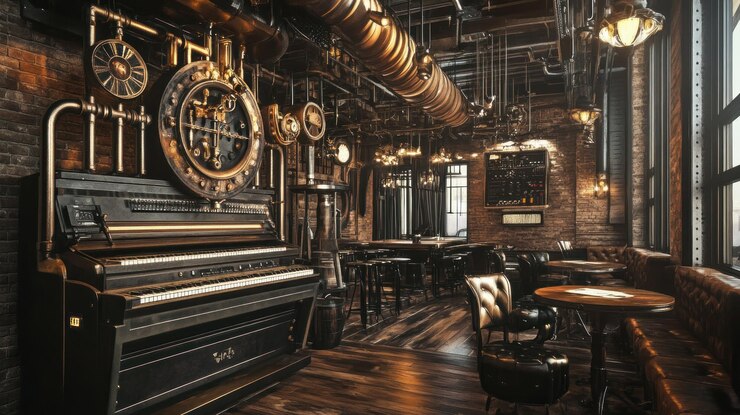 PSD bar de estilo vintage con piano y decoración industrial