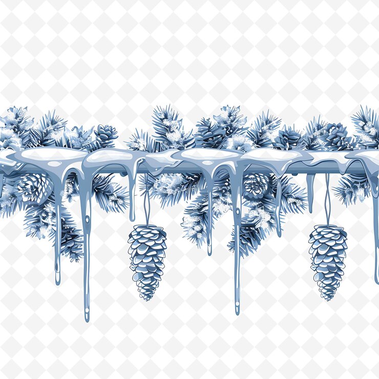 PSD barandilla helada con hielos y piñones cubiertos de nieve en png frontera plana de inspiración natural