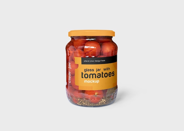 Barattolo di vetro trasparente con mockup di pomodori