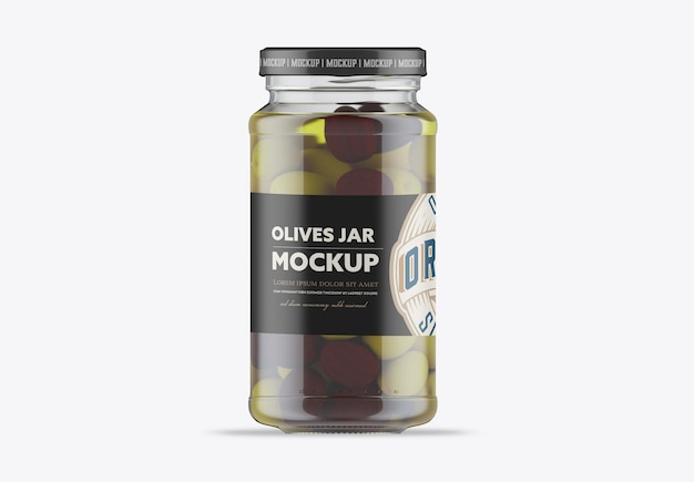 Barattolo di vetro trasparente con rendering 3D di olive Mockup