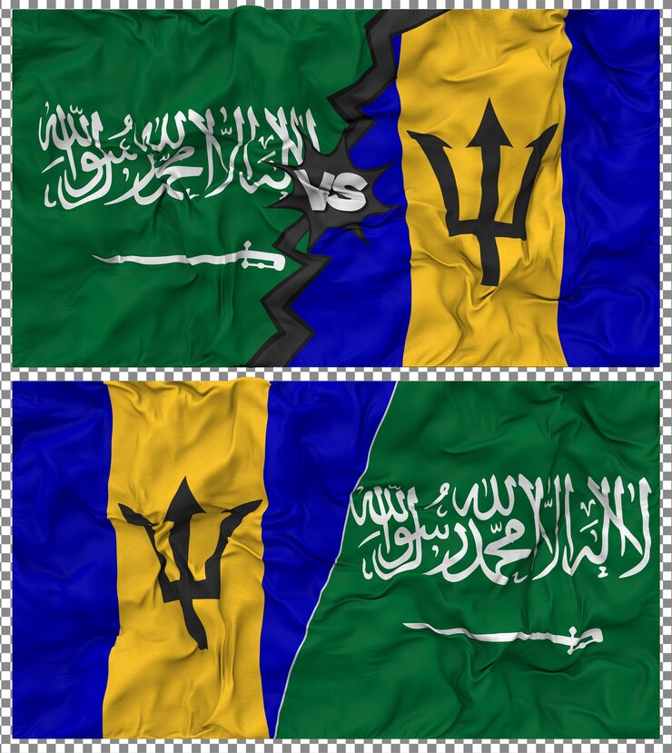 PSD barbados contra arabia saudita media bandera combinada con textura 3d de la tela de la bandera