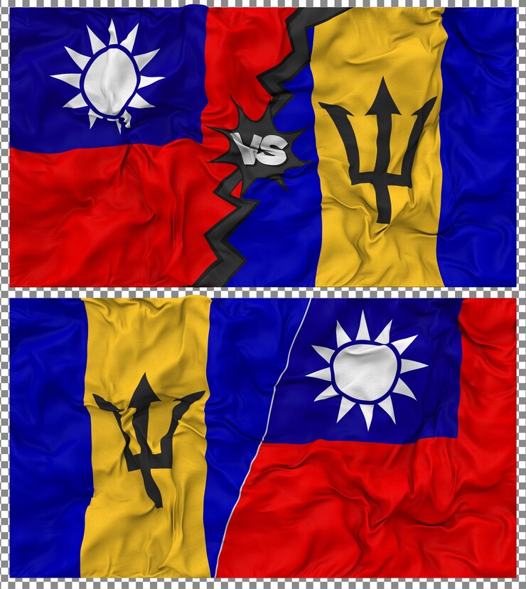 PSD barbados gegen taiwan halbkombinierte flagge stoff-bump-textur 3d-rendering